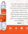 Image of a Two Prong Indoor Extension Cord With Three Polarized Outlets And Protective Plug Cover ETL Certified 16 Gauge 125 Volt Six Foot Long White Pack Of Three, shown coiled with ETL certification label.