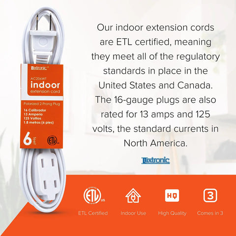 Image of a Two Prong Indoor Extension Cord With Three Polarized Outlets And Protective Plug Cover ETL Certified 16 Gauge 125 Volt Six Foot Long White Pack Of Three, shown coiled with ETL certification label.