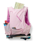 Back view of Pinnacle Pro 6L Women's Hydration Vest with Second Skin Fit in Light Pink Fuchsia, holding map and snacks in pockets
