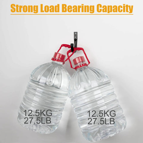 Beefy Heavy Duty Metal Wall Hooks Set Six Pack holding two 12.5KG water bottles, showcasing strong load-bearing capacity.