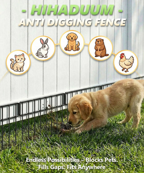 14 Panel 20 Ft No Dig Garden Fence Animal Barrier Kit for Dogs and Rabbits showing a puppy near metal panels