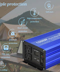 Pure Sine Wave Inverter DC 12V To AC 110V 1000W Rated 2000W Surge with dual sockets and USB Type C for smooth power use.