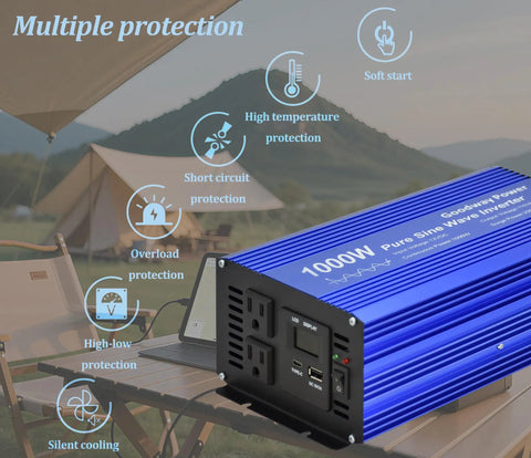 Pure Sine Wave Inverter DC 12V To AC 110V 1000W Rated 2000W Surge with dual sockets and USB Type C for smooth power use.