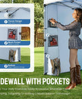 Person using sidewall pockets in 10x10 Pop Up Canopy Tent With One Button Easy Setup Center Lock No Fuss Instant Sun Shelter