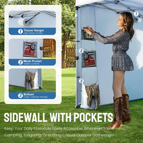 Person using sidewall pockets in 10x10 Pop Up Canopy Tent With One Button Easy Setup Center Lock No Fuss Instant Sun Shelter