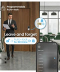 Heavy Duty Commercial Smart Deadbolt 10 Pack Fire Rated Keypad Lock showing a businessman using the auto-lock feature in an office.