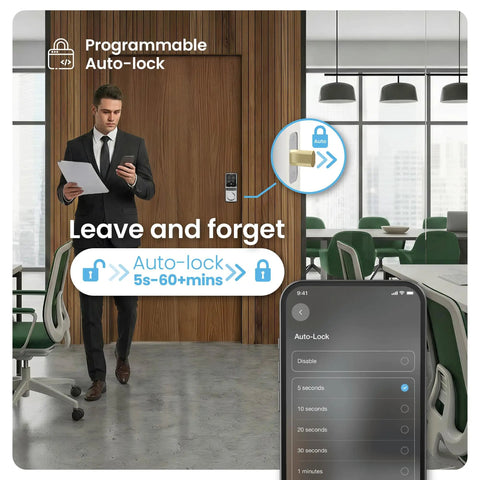 Heavy Duty Commercial Smart Deadbolt 10 Pack Fire Rated Keypad Lock showing a businessman using the auto-lock feature in an office.