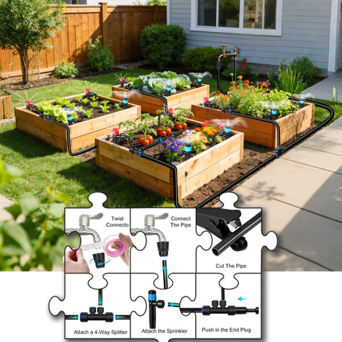 Effortless Drip Irrigation Kit For Garden And Yard With Automatic Plant Watering System in raised beds with quick connect fittings