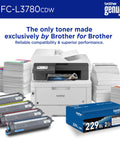 MFC-L3780CDW Wireless Color All In One Printer with toner cartridges and paper stacks, ideal for small businesses.