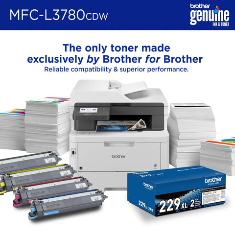 MFC-L3780CDW Wireless Color All In One Printer with toner cartridges and paper stacks, ideal for small businesses.