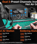 Top-Notch 2-in-1 SMD Hot Air Rework and Soldering Station with LED display showing dual 3-preset channels, iron, and hot air gun