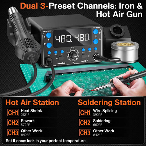 Top-Notch 2-in-1 SMD Hot Air Rework and Soldering Station with LED display showing dual 3-preset channels, iron, and hot air gun