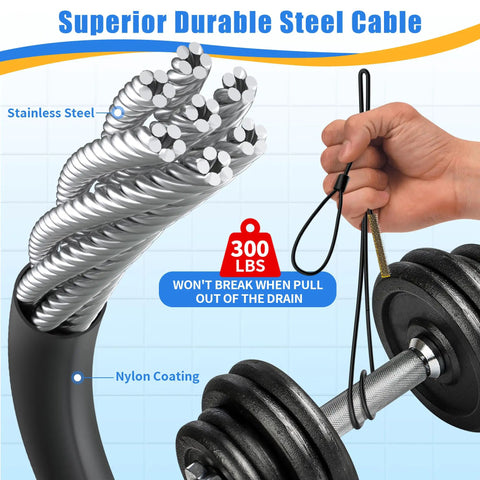Heavy Duty 30 Inch Drain Snake 5 Pack with rust resistant steel core and nylon sleeve, showcasing durable steel cable and grip handle.