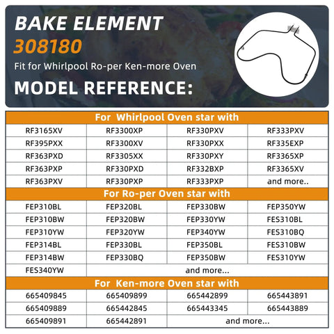 Model reference chart for 2600W 240V Oven Bake Element Replacement For Whirlpool Ovens, models listed for compatibility.