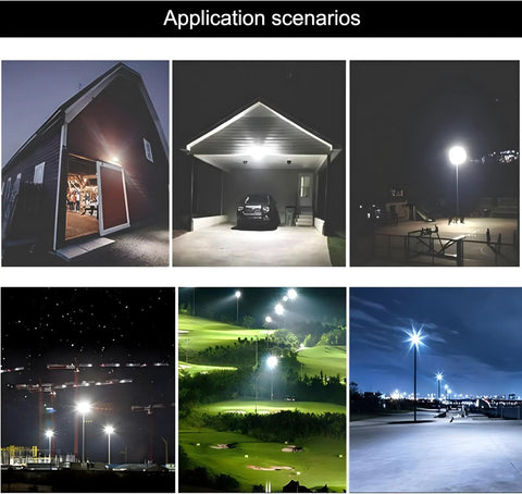 4 Pack 100W LED Flood Lights Outdoor, 11000 Lumen Super Bright Work Light With 6 Ft US Plug, IP66 Waterproof Exterior Security Lighting, 6000K Daylight White Slim Floodlights illuminating various outdoor scenarios.