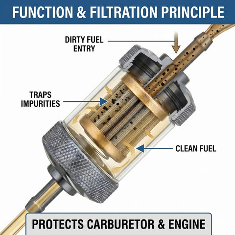 Universal Inline Fuel Filter Kit With Clear View Filter For Three Sixteenth Inch 5mm Fuel Lines Includes Hose Clamps Fits Motorcycle ATV Dirt Bike And Small Gas Engines 304 Stainless Steel Filtration showing filtration process and carburetor protection.