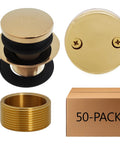 Top Tier Universal Bathtub Drain Plug Set Featuring Slick Polished Brass Finish Includes Two Piece Faceplate And Adapter For Quick No Drama Tub Fixes And Straight Shot 50 Pack Bulk Buys showing brass drain plug and faceplate.