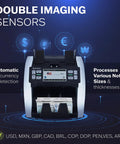 High Speed Cash Counter Machine For Mixed Denominations And Bills Up To 1500 Notes Per Minute With Advanced UV MG IR Sensor Technology showing automatic currency detection.