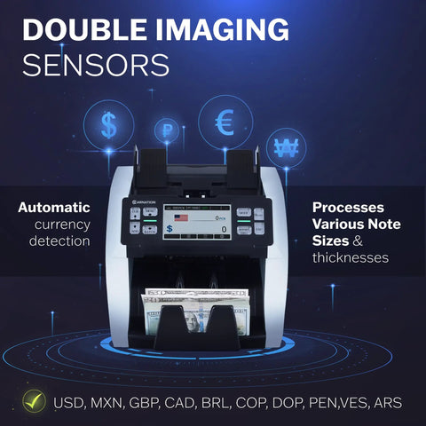 High Speed Cash Counter Machine For Mixed Denominations And Bills Up To 1500 Notes Per Minute With Advanced UV MG IR Sensor Technology showing automatic currency detection.