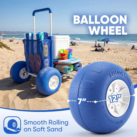 Massive Heavy Duty Beach Wagon With 12 Inch Big Wheels For Sand Balloon Tires on a beach with gear loaded