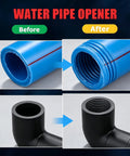 Before and after images of water pipe opener showing threaded PVC pipe and fitting. Essential 3-Piece Internal External Pipe Threading Tool Kit For Plumber Pros Cut And Thread PVC PPR PE Plastic Pipes Up To One Inch With Precision Cutter For Smooth Leak Proof Connections.
