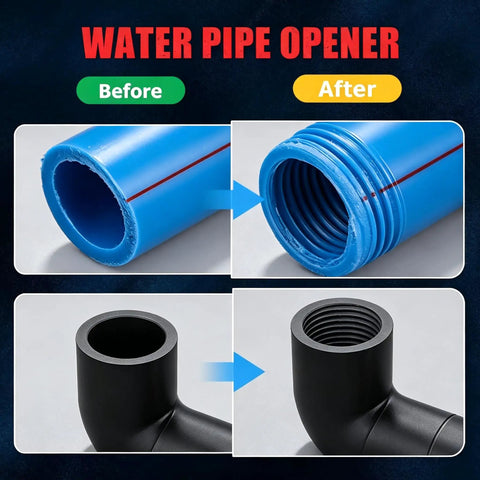 Before and after images of water pipe opener showing threaded PVC pipe and fitting. Essential 3-Piece Internal External Pipe Threading Tool Kit For Plumber Pros Cut And Thread PVC PPR PE Plastic Pipes Up To One Inch With Precision Cutter For Smooth Leak Proof Connections.