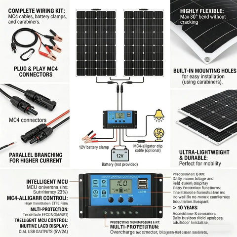 Diagram of 1000W Flexible Solar Panel Kit With 2x500W Monocrystalline ETFE Panels And 50A MPPT Smart Charge Controller, showing components and connections.