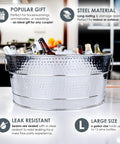 Aspen Heavy-Duty Oval Stainless Steel Drink Cooler with bottles, 25-quart capacity for parties, holds up to 30 bottles or 15 wine bottles with ice.
