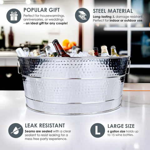 Aspen Heavy-Duty Oval Stainless Steel Drink Cooler with bottles, 25-quart capacity for parties, holds up to 30 bottles or 15 wine bottles with ice.