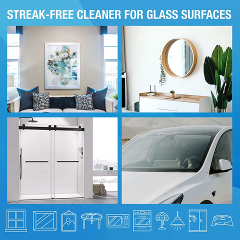 MiracleWipes for Glass cleaning wipes collage showing mirrors, windows, shower doors, and car windshield.