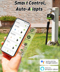 Image showing WiFi Hose Timer with brass inlet and outlet, smartphone app controlling the smart sprinkler controller for lawn.