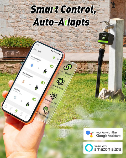 Image showing WiFi Hose Timer with brass inlet and outlet, smartphone app controlling the smart sprinkler controller for lawn.