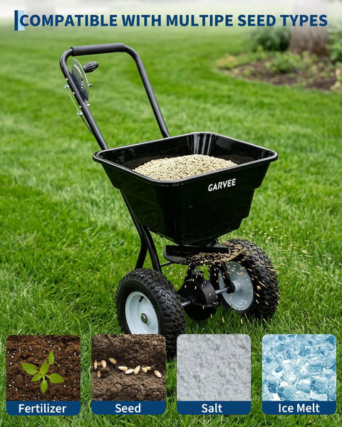 80 Lb Capacity Push Broadcast Spreader With 12 Ft Spread Width And 13 In All Terrain Wheels shown on grass