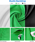 Muslin backdrops in white, green, and black with fine seaming, rod pocket, and ironable surface for Pro Grade Photo Lighting Gear Kit.