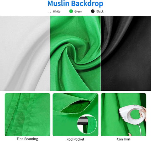 Muslin backdrops in white, green, and black with fine seaming, rod pocket, and ironable surface for Pro Grade Photo Lighting Gear Kit.