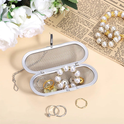 Two Pack Heavy Duty Stainless Steel Ultrasonic Cleaner Baskets For Hassle Free Jewelry Cleaning And Small Parts Washing with rings inside.