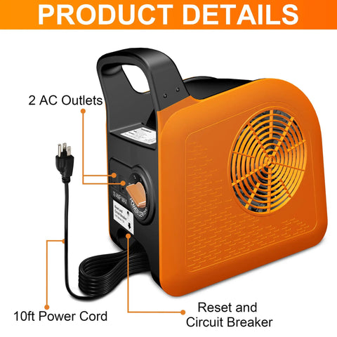 Portable Blower Fan For Home Use High Velocity Floor Fan With 185 Degree Rotating Head 3 Speed Air Mover Orange with AC outlets visible