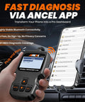 Enhanced Bluetooth OBD2 Scanner With 2 In 1 Car Engine Fault Code Reader For iPhone And Android shown with app on phone