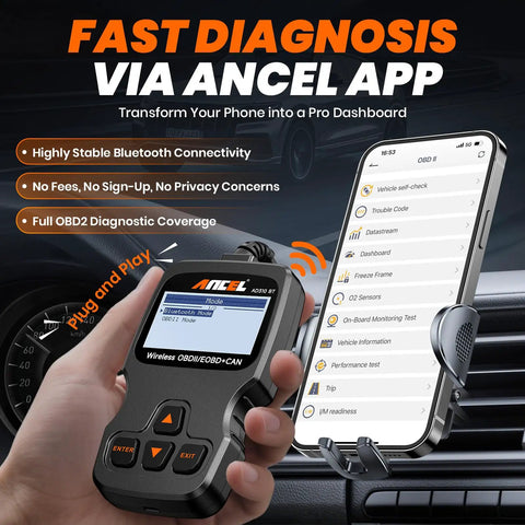 Enhanced Bluetooth OBD2 Scanner With 2 In 1 Car Engine Fault Code Reader For iPhone And Android shown with app on phone