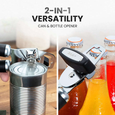 Comfy Manual Can Opener With Bottle Opener, Rust Proof Stainless Steel, Turn Knob, Soft Grip Handles shown opening cans and bottles