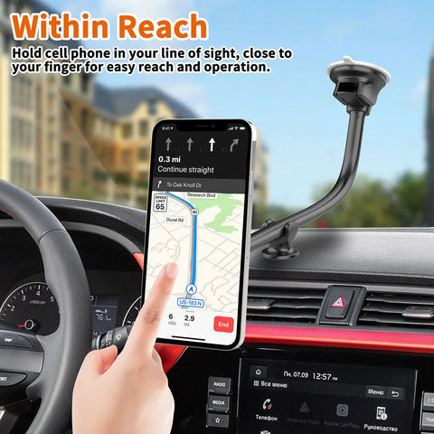 Heavy Duty Magnetic Phone Car Mount With 14 Inch Gooseneck Long Arm Extension grips smartphone for easy navigation in car.