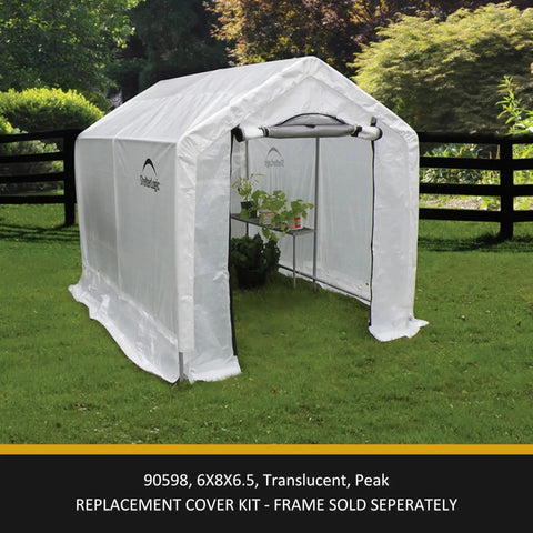 Replacement Cover Kit For 6W X 8L X 6.5H Greenhouse Translucent UV Treated Polyethylene Frame Not Included Fits ShelterLogic 70600 Series Durable Outdoor Greenhouse Cover, visible in lush garden setting.