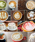 Assortment of cups with various latte art designs, including hearts, swans, and abstract patterns on coffee foam.