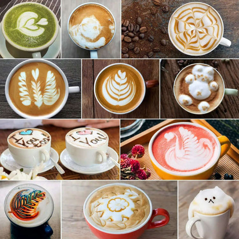 Assortment of cups with various latte art designs, including hearts, swans, and abstract patterns on coffee foam.