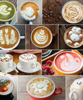 Various latte art designs created using the 32oz Milk Frothing Pitcher With Latte Art Pen For Espresso Machines And Coffee Bar.