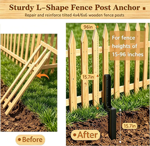 Before and after image of Heavy Duty Steel Fence Post Repair Kit 4 Pack Quick Fix For Leaning 4X4 And 6X6 Wood Posts.