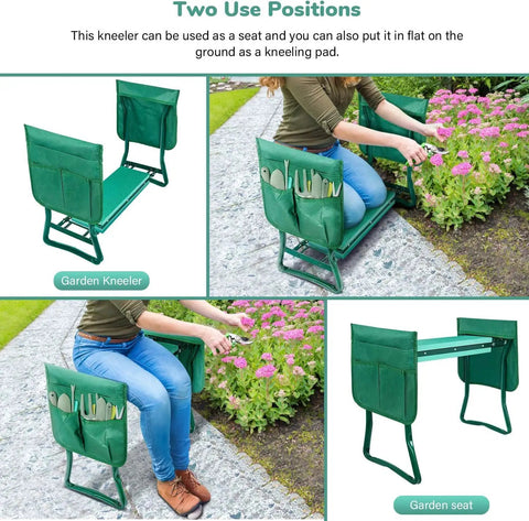 Garden Kneeler And Seat With Soft EVA Foam Pad And Heavy Duty Steel Frame Holds Up To 330 Lbs Foldable Kneeling Bench With Two Tool Pouches For Gardening Fishing Camping Green Arbor Day Gift shown in use.