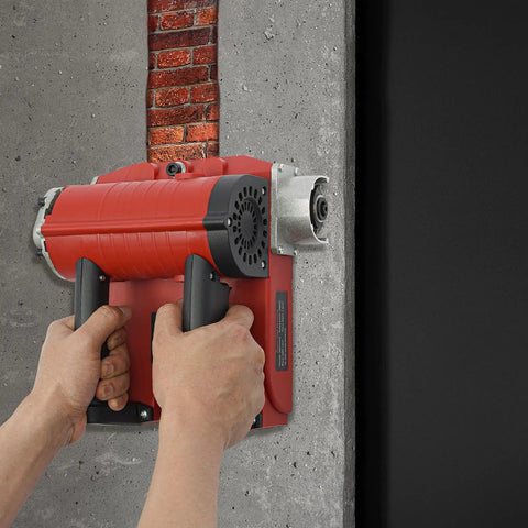 Heavy Duty Electric Wall Planer Chisel 4580W Motor in use on concrete wall, showing adjustable depth settings and stripping process.