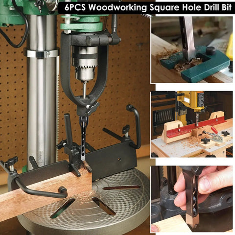 Six Piece Square Hole Drill Bit Set High Speed Steel Mortising Chisel Bits For Woodworking Pine Mdf Particle Board 1/4 To 9/16 Inches in use on a drill press.