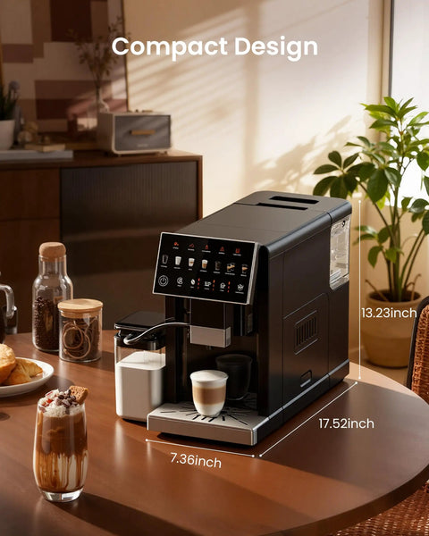 Top Shelf Automatic Espresso Machine With Built In Grinder And Touch Panel For Fire Lattes And Creamy Cappuccinos Fuel Daily Sips At Twenty Bar Across Fifteen Settings With Effortless Self Cleaning on kitchen table.